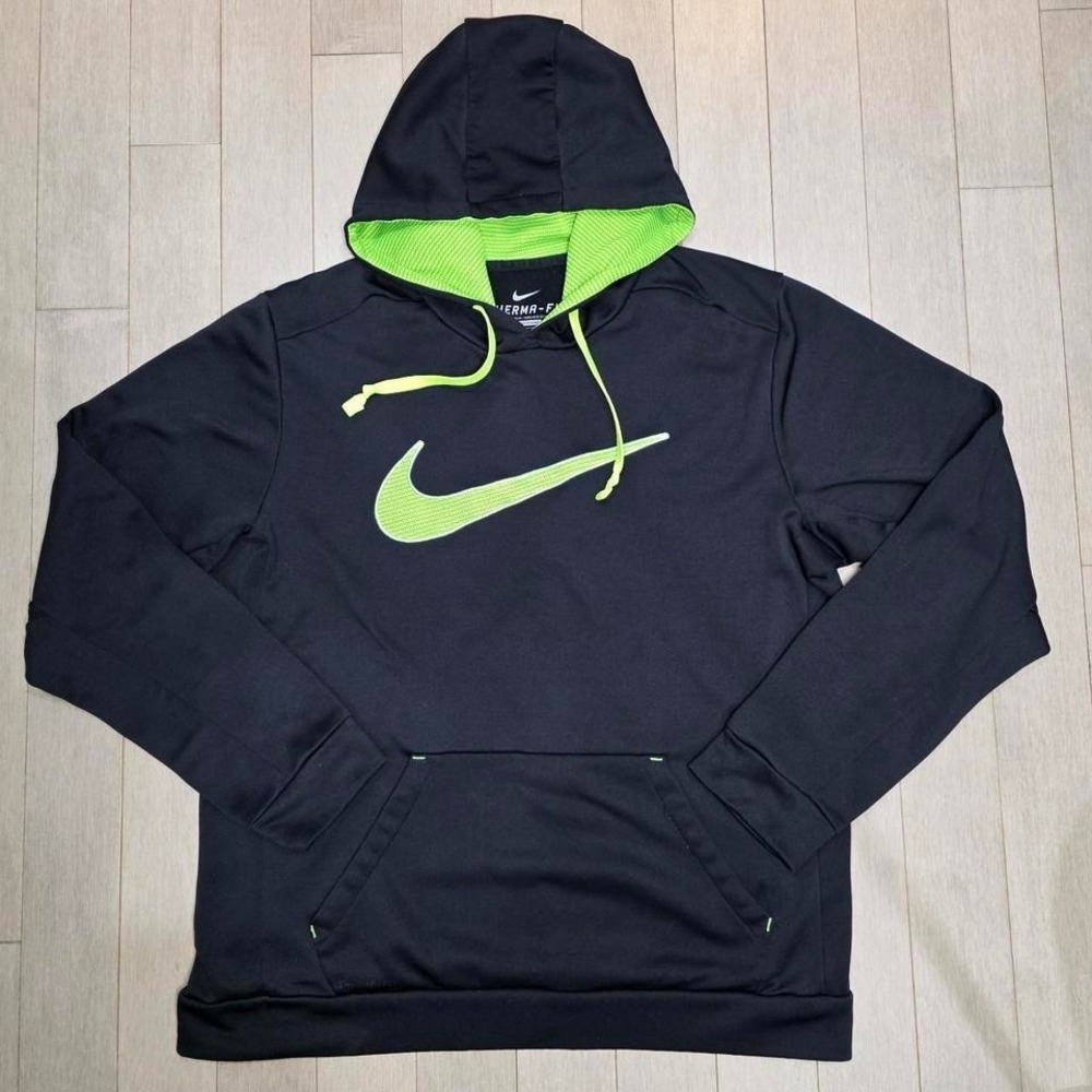Nike Therma-FIT Mens Hoodie Black Neon Green Swoosh Pullover Sweatshirt L 650737
